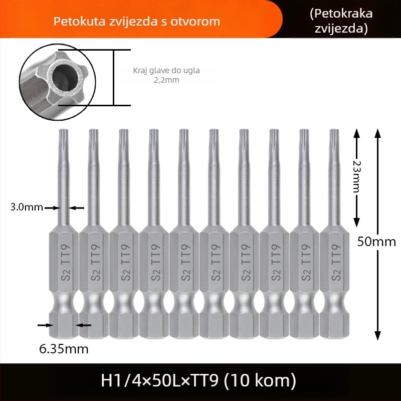 Magnetski odvijački bit, S2 legura čelika, Plum Blossom glava, 3-10 mm, TT8-TT40