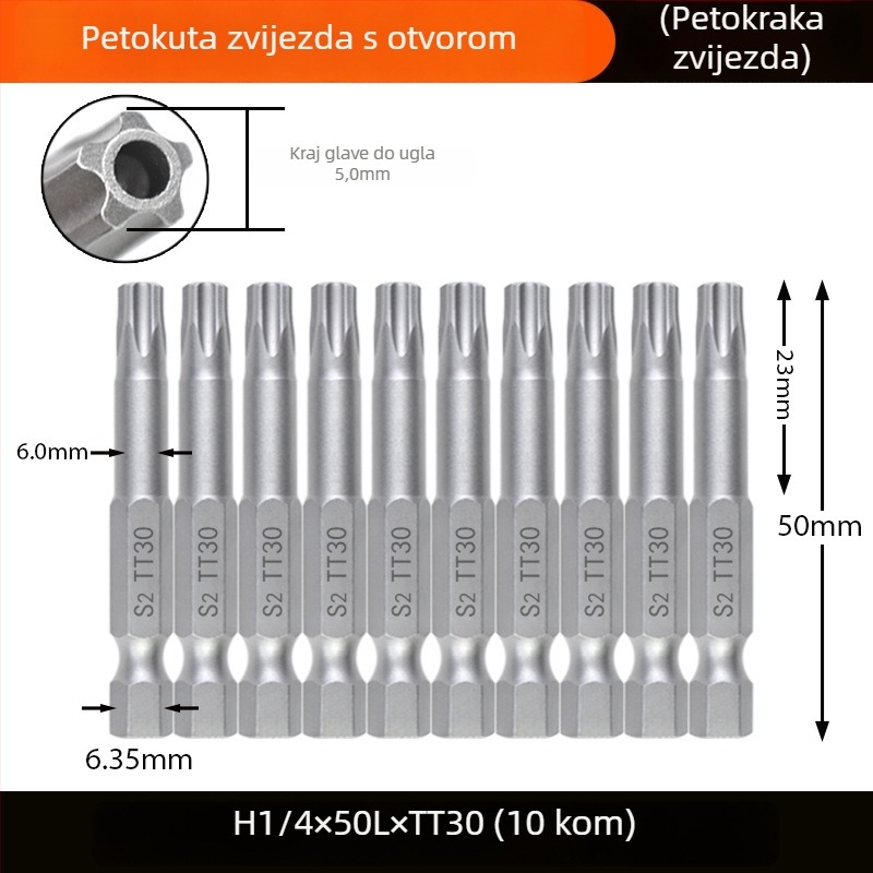 Magnetski odvijački bit, S2 legura čelika, Plum Blossom glava, 3-10 mm, TT8-TT40