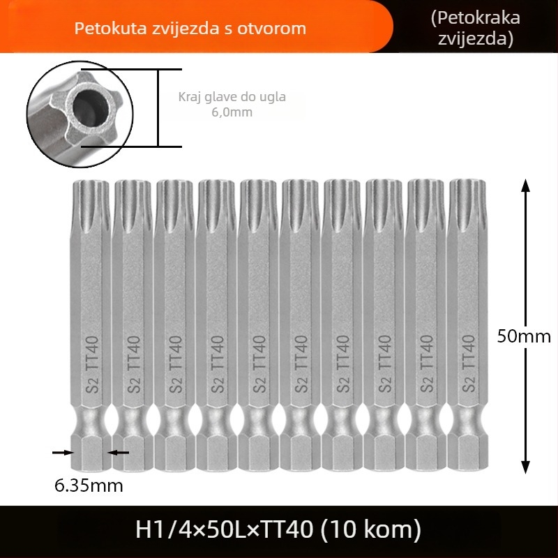 Magnetski odvijački bit, S2 legura čelika, Plum Blossom glava, 3-10 mm, TT8-TT40
