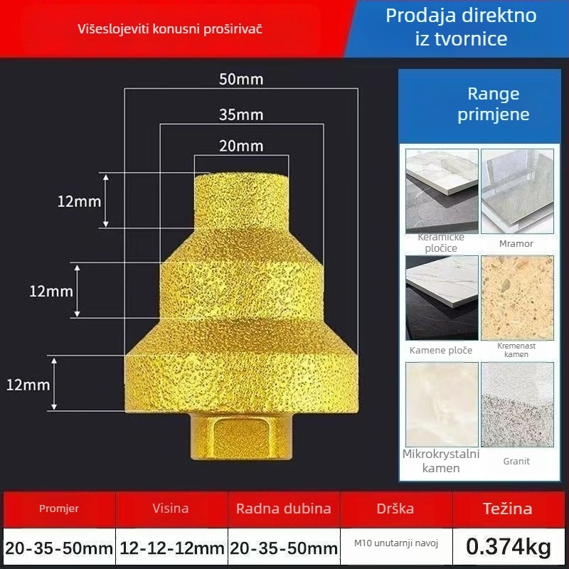 Dr. Jian Pagoda Brazed Drill s tri koraka, dijamantni reamer i chamfer-trimmer za otvore u pločicama i kamenu