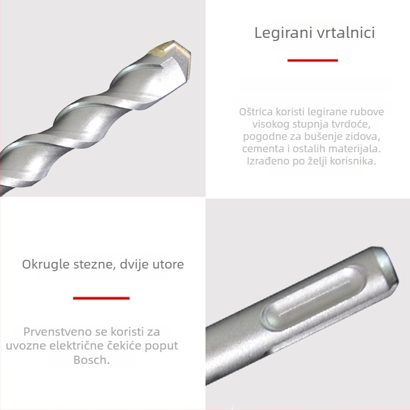 Električno udarna bušilica – Hibiscus Impact; okrugla glava, prolaz kroz zid, okrugli šaft s dva utora; materijal 40Cr+YG8C; za beton, ciglu, kamen, granit; težina 50–1550 g