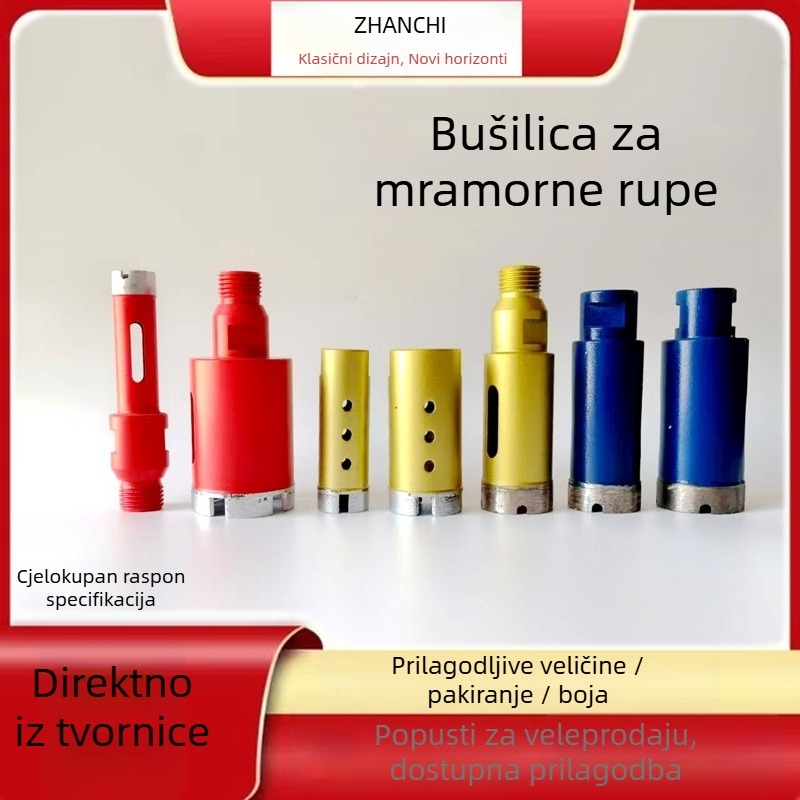 Dijamantska bušilica za otvaranje rupa u mramoru i granitu – serija Marble Hole Opener; polikrystalni dijamant; prilagodljiv promjer bušenja, maksimalna dubina rezanja i promjer vretena