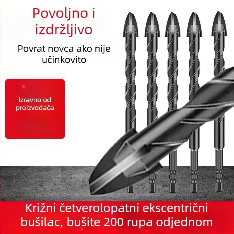 Križno ekscentrično svrdlo, volframov spoj, četverostrani, trokutasti vrh, za staklo, keramičke pločice, zidove i vitrificirane pločice