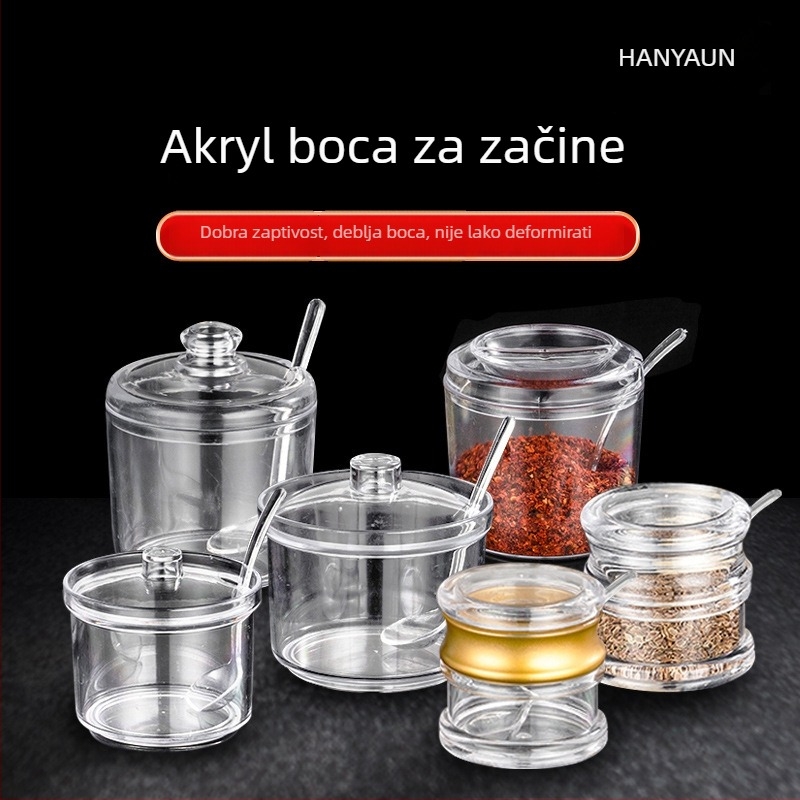 Akrilni spremnik za začine s žlicom za kuhinju – spremanje čvrstih začina, otisnut logo, mogućnost prilagodbe, modern minimalistički stil.