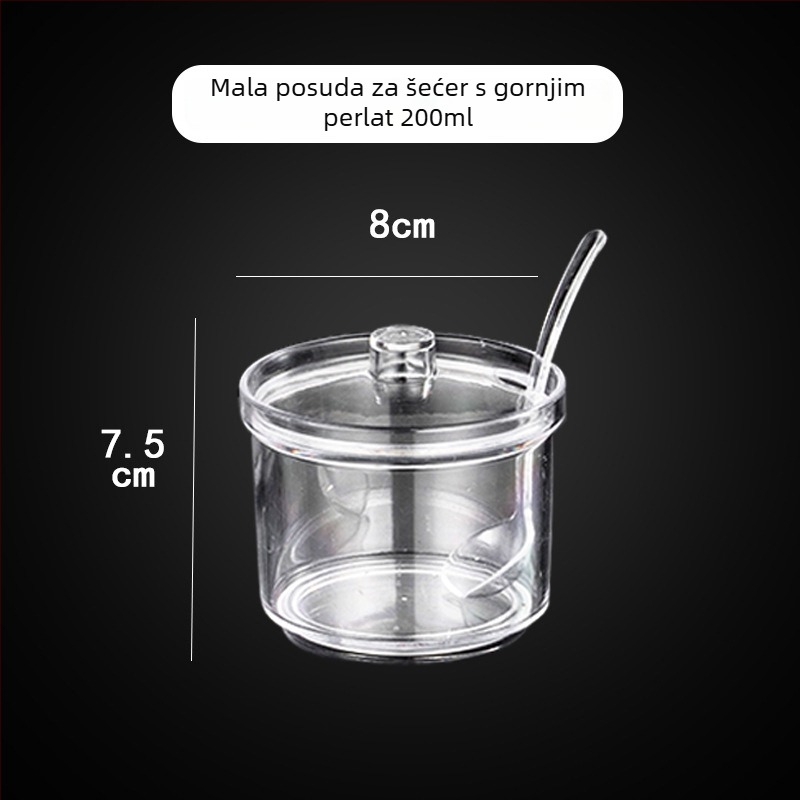 Akrilni spremnik za začine s žlicom za kuhinju – spremanje čvrstih začina, otisnut logo, mogućnost prilagodbe, modern minimalistički stil.