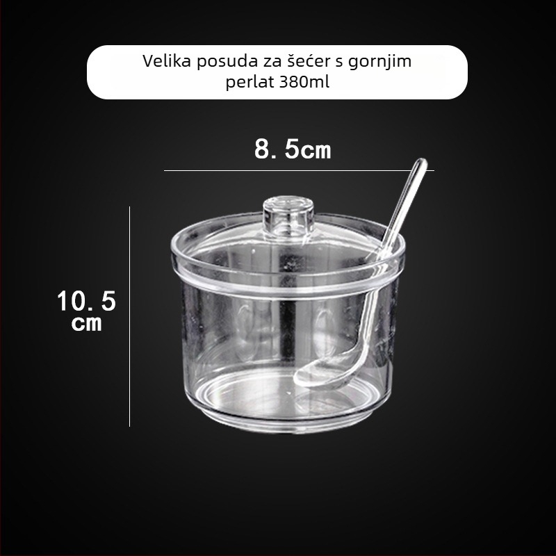 Akrilni spremnik za začine s žlicom za kuhinju – spremanje čvrstih začina, otisnut logo, mogućnost prilagodbe, modern minimalistički stil.