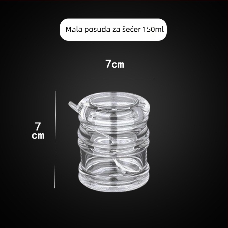 Akrilni spremnik za začine s žlicom za kuhinju – spremanje čvrstih začina, otisnut logo, mogućnost prilagodbe, modern minimalistički stil.