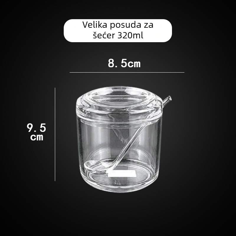 Akrilni spremnik za začine s žlicom za kuhinju – spremanje čvrstih začina, otisnut logo, mogućnost prilagodbe, modern minimalistički stil.