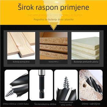 Set bušilica za drvo za otvaranje rupa za vrata — spiralne bušilice, bušilica za proširenje i produženi šesterokutni držač
