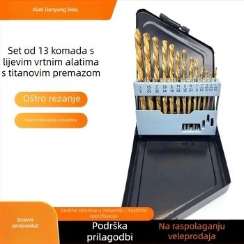 Set od 13 levostrano zavrtnih bušilica s titanovim premazom za bušenje drva, plastike i metala, uključuje kobaltne bušilice
