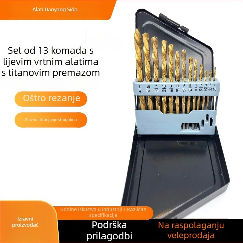 Set od 13 levostrano zavrtnih bušilica s titanovim premazom za bušenje drva, plastike i metala, uključuje kobaltne bušilice
