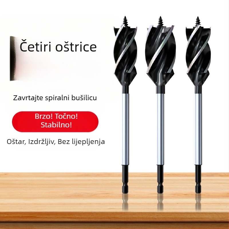 Rich rock Vrtalo za drvo za otvore brava na vratima, četiri utora, četiri oštrice, produženi otvorivač rupa za bravu na vratima, promjer oštrica 10–25 mm