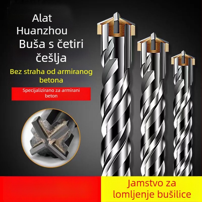 Bušilica za čekić s četverostrukim držačem, križnim dizajnom, četiri žljebova, za beton, glava od krom-čelične legure