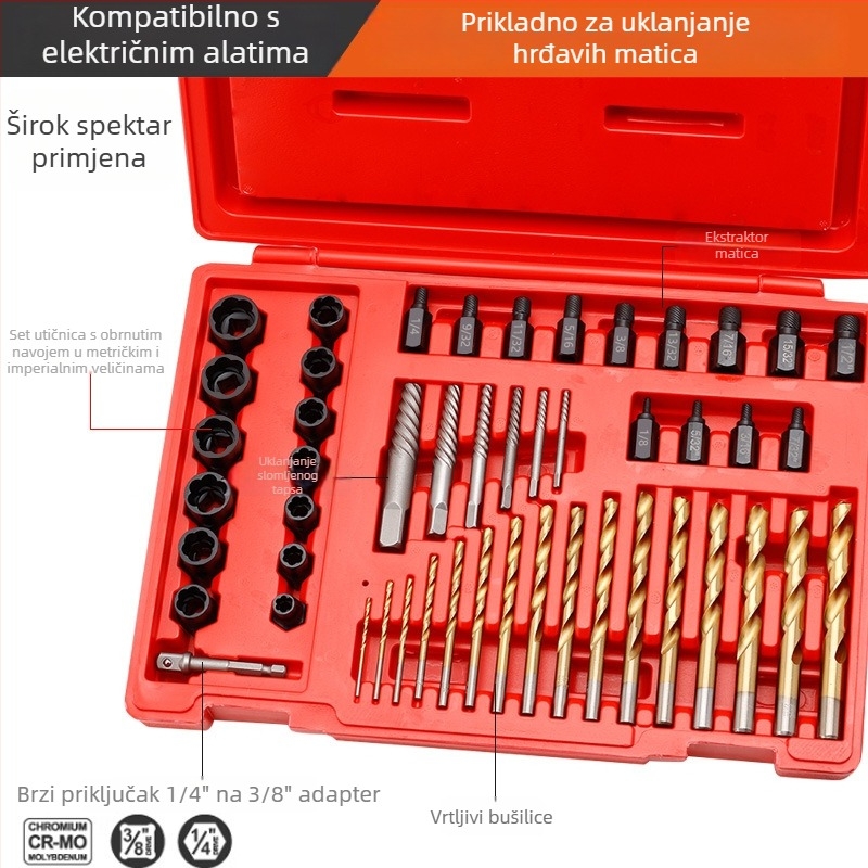 Tuochi 49-dijelni set za vađenje slomljenih vijaka, alat za popravak automobila, alat za obrnuti navoj