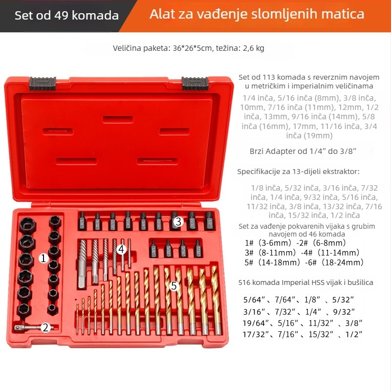 Tuochi 49-dijelni set za vađenje slomljenih vijaka, alat za popravak automobila, alat za obrnuti navoj