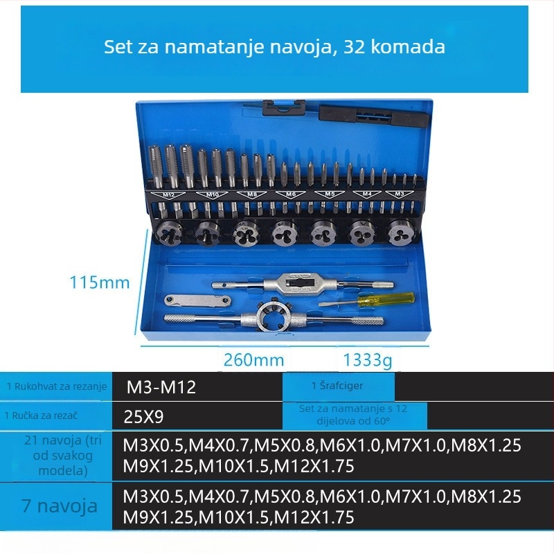 Ručni set za navoj, 32 komada, DIN njemački standard