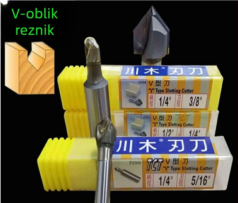 Chuanmu 90° V-oblik karbidna freza za ploču visoke gustoće – alat za obradu drveta, okrugli vratilo Ø1/4" ili Ø1/2"