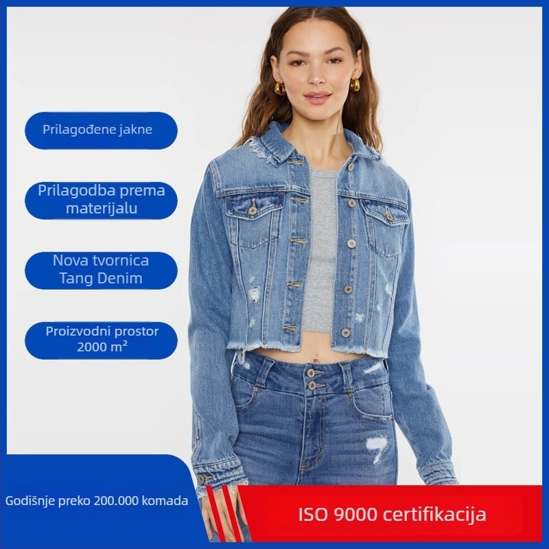 Ženska traper jakna, uski kroj, dugi rukavi, polo ovratnik, pamuk 95%+, kratka duljina