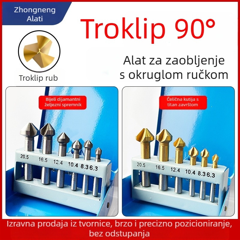 Set metalnih alata za fasiranje s titanijskim premazom, 6 komada, 90° kut, HSS materijal, 3 oštrice, kompatibilno s glodalicom