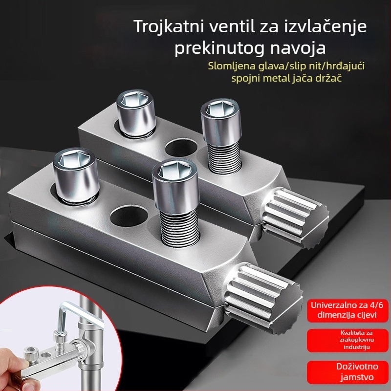Univerzalni ekstraktor polomljenih vijaka za slavine i kutne ventile; uklanja polomljene vijake i oštećene navoje