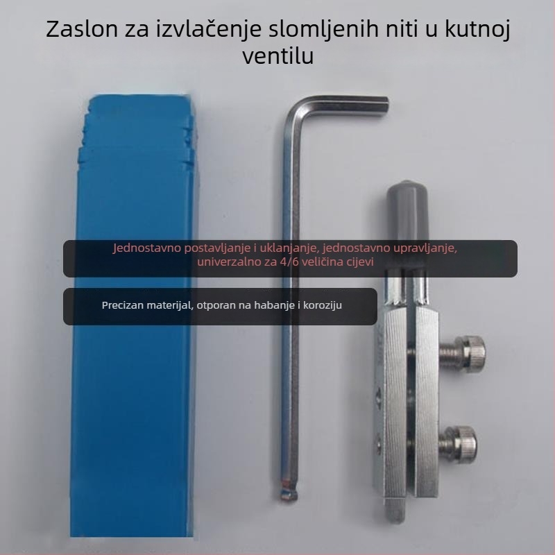 Univerzalni ekstraktor polomljenih vijaka za slavine i kutne ventile; uklanja polomljene vijake i oštećene navoje