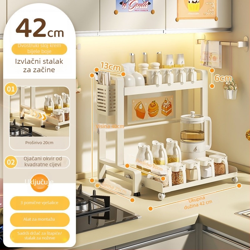 Izvlačni dvostruki stalak za začine u kuhinji, od karbonskog čelika, montaža bez bušenja