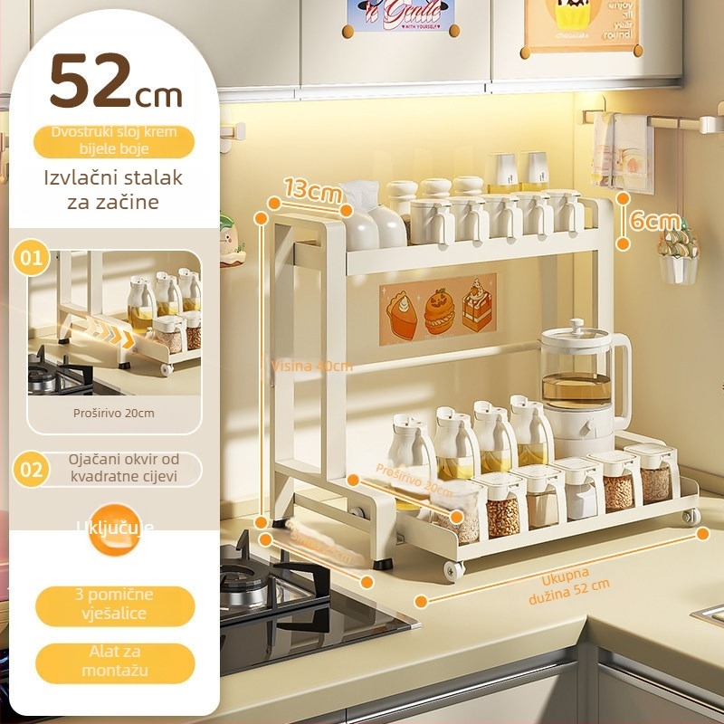 Izvlačni dvostruki stalak za začine u kuhinji, od karbonskog čelika, montaža bez bušenja