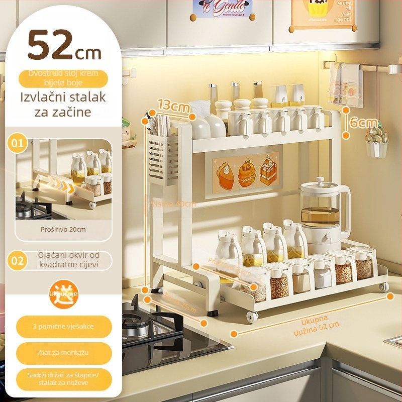 Izvlačni dvostruki stalak za začine u kuhinji, od karbonskog čelika, montaža bez bušenja