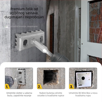 Alat za bušenje kvadratnih otvora u stijeni, namijenjen električarskim kutijama 86, s kvadratnom ručkom i izdržljivim bitom.