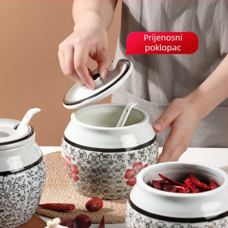 Keramička posuda za začine u japanskom stilu, kućni spremnik za pohranu, otporna na vlagu, vintage dizajn, pogodna za čvrste, tekuće i ljepive začine
