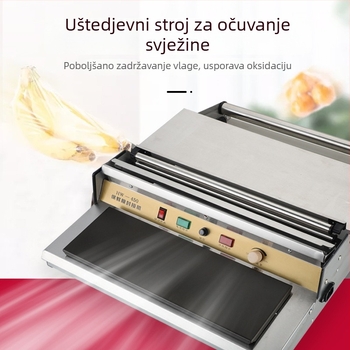 Mašina za zatvaranje i rezanje plastične folije za voće i povrće, ručna, širina zatvaranja 45 cm, kontrola temperature 50–130°C, pogodna za voće, povrće i meso