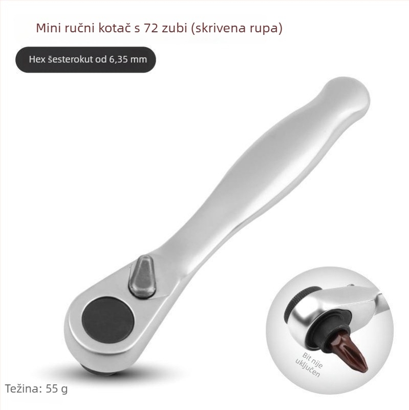 Shimon Mini ratchet socket ključ s magnetskim držačem bitova — Cr-V čelik, 1 komad, 60 g, Mini Ratchet serija