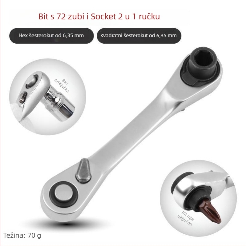 Shimon Mini ratchet socket ključ s magnetskim držačem bitova — Cr-V čelik, 1 komad, 60 g, Mini Ratchet serija