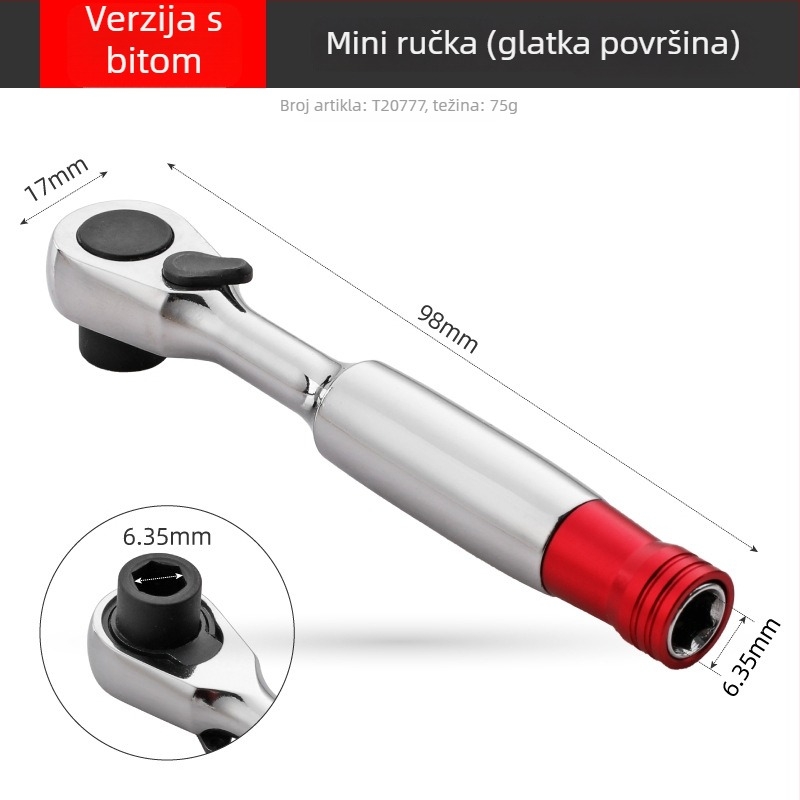 Shimon Mini ratchet socket ključ s magnetskim držačem bitova — Cr-V čelik, 1 komad, 60 g, Mini Ratchet serija