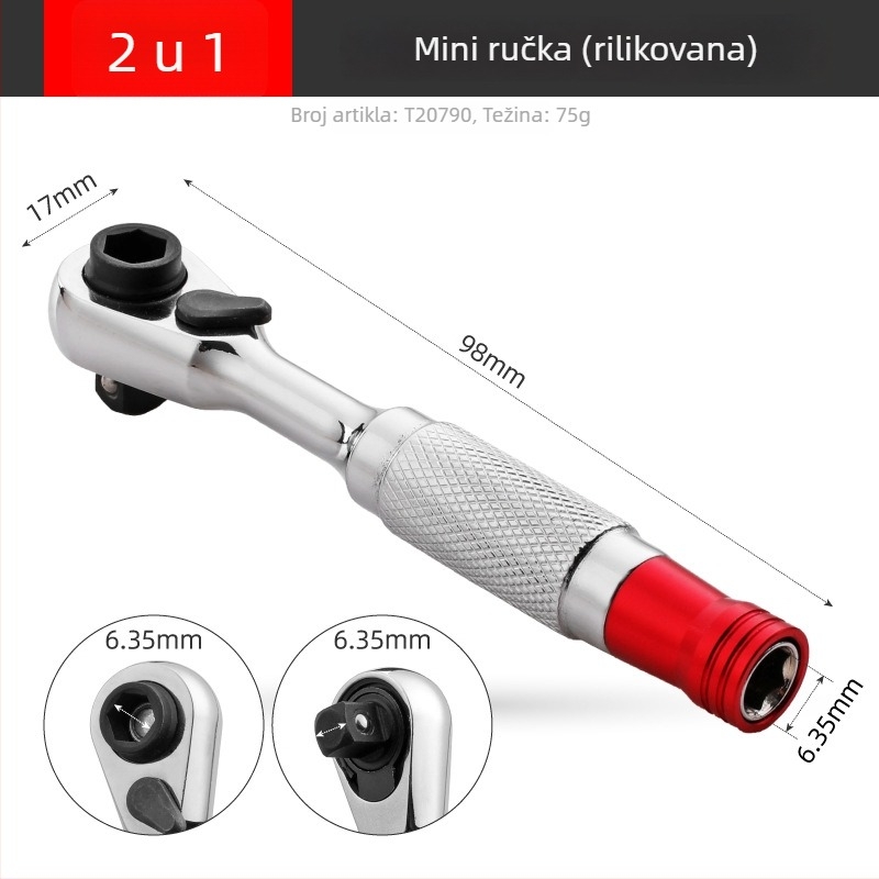 Shimon Mini ratchet socket ključ s magnetskim držačem bitova — Cr-V čelik, 1 komad, 60 g, Mini Ratchet serija