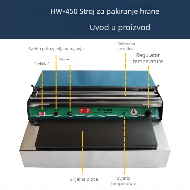 Stroj za pakiranje folijom za voće i povrće (ručno upravljanje, širina brtvljenja do 45 cm, debljina filma: opća, regulacija temperature 60–140)
