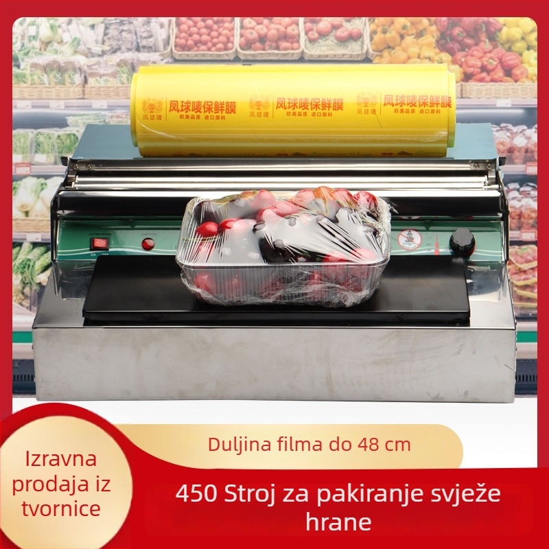 Stroj za pakiranje folijom za voće i povrće (ručno upravljanje, širina brtvljenja do 45 cm, debljina filma: opća, regulacija temperature 60–140)