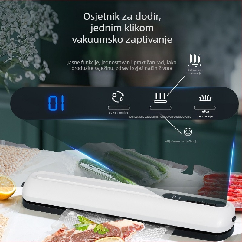 Bežični vakuumski zatvarač za kućnu upotrebu – suho/mokro zatvaranje, čuvanje svježine, model ZKFK-005, ABS kućište, ugrađena baterija, 11.1V, 90W, kapacitet ispod 500 mL