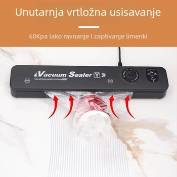 Mašina za vakuumsko zatvaranje hrane — kompaktna, model 001, priključna struja, ABS kućište, PP unutrašnjost, funkcije vakuuma i zatvaranja, kapacitet ispod 500 ml