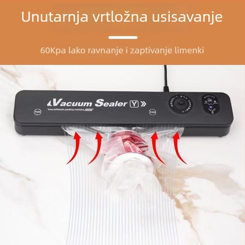 Mašina za vakuumsko zatvaranje hrane — kompaktna, model 001, priključna struja, ABS kućište, PP unutrašnjost, funkcije vakuuma i zatvaranja, kapacitet ispod 500 ml