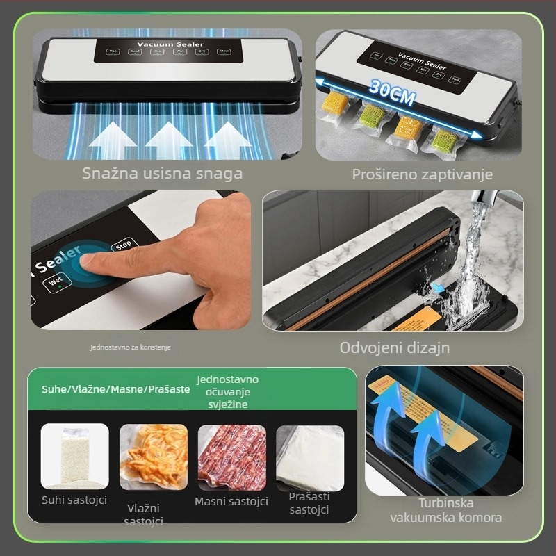 Kućna vakuumska mašina za pakiranje – automatska, vakuumsko brtvljenje i brtvljenje plastike, 120W, 100–240V, kapacitet 500–1000 ml, dodirni način rada