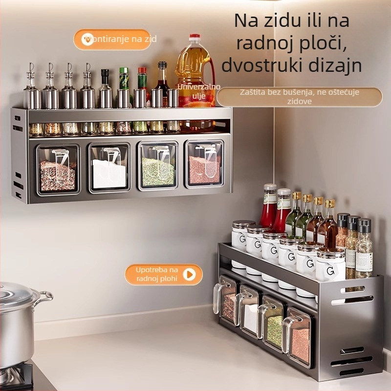 Zidni kuhinjski regał za ulje, sol, umak i ocat; višenamjenski, bez ugradnje; konstrukcija od Space aluminija; jednostavan i moderan dizajn