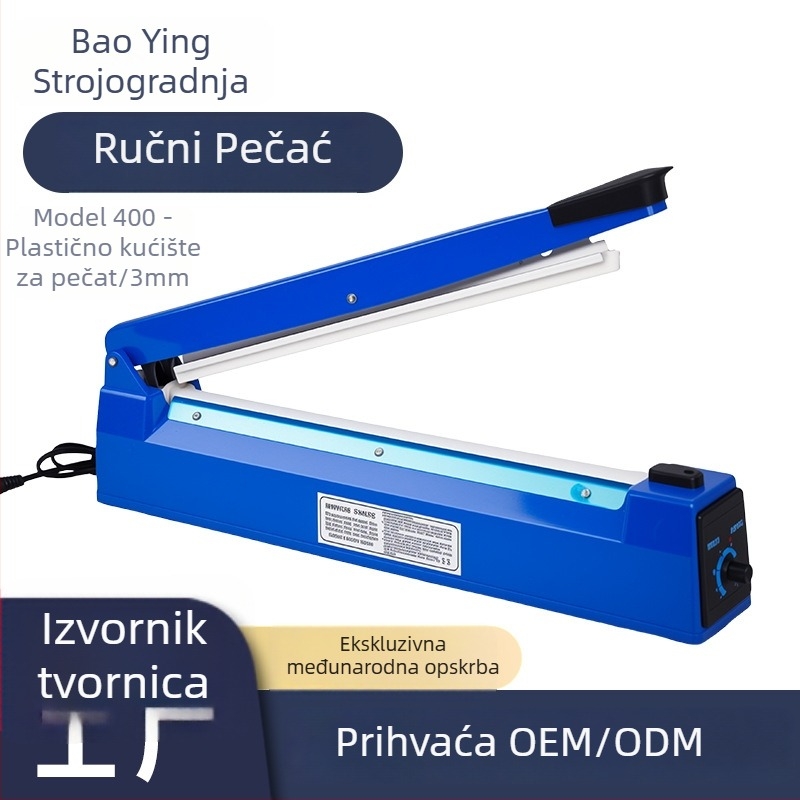 Baoying Machinery Ručni stroj za zatvaranje s plastičnim kućištem tipa 400 za hranu, ručno zatvaranje, bez automatizacije; debljina filma do 20 vodova s jedne strane; raspon temperature 1–8