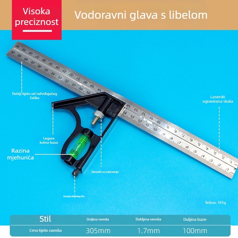Nerđajući čelik 90° kombinirani kvadrat za stolariju – višenamjenski horizontalni mjerni kut, visoka preciznost