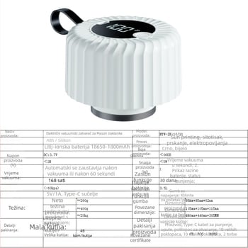 Vakuumski bravač za Mason stakene posude USB napajanje, ABS kućište, 5W, 3.7V, kapacitet 500–1000 ml