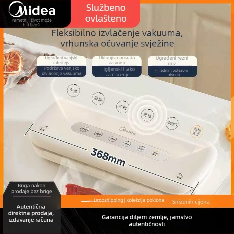 Midea MJ-KF21 Kućni vakuumski uređaj za očuvanje hrane – Kućna uporaba, pakiranje hrane u vakuumu, plastično pakiranje; Tehničke specifikacije: Marka Midea; Snaga 1; Frekvencija 1; Podrijetlo Drugo