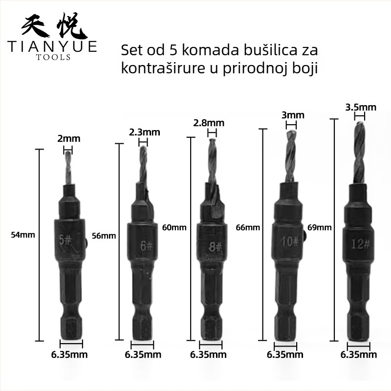 Drveno konusno svrdlo set, 5 kom, šesterokutni čep, integrirano zaobljeno za drvene vijčice