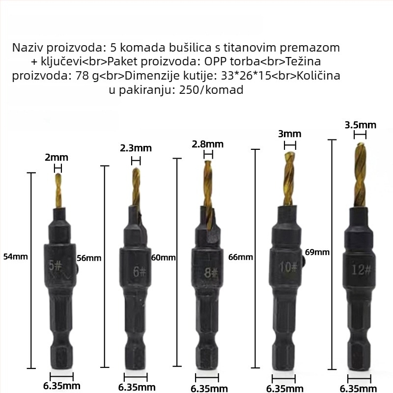 Drveno konusno svrdlo set, 5 kom, šesterokutni čep, integrirano zaobljeno za drvene vijčice