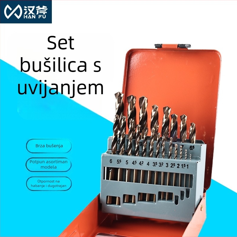 Set bušilica za električnu bušilicu: visokoučinkoviti čelik s titanovim premazom, spiralne bušilice s ravnim osovinama, 25 komada, metalna kutija