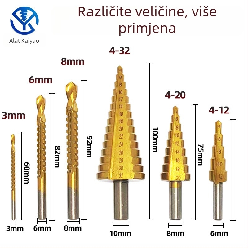 Kaiyao set bušilica s titanijskim premazom na ležajnu čeli, trokutasti držač, ravni kanali, nazubljeni koraci bušilica, 6 kom u plastičnoj kutiji